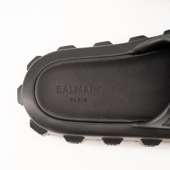 size 40-41 Balmain Black Ari Rubber Slip On Slides Sandal Embossed Logo - Picture 8 of 11